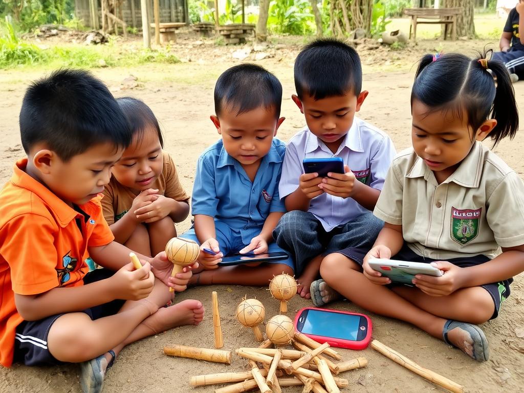Anak-anak bermain mainan tradisional Indonesia seperti gasing dan congklak di samping gadget modern