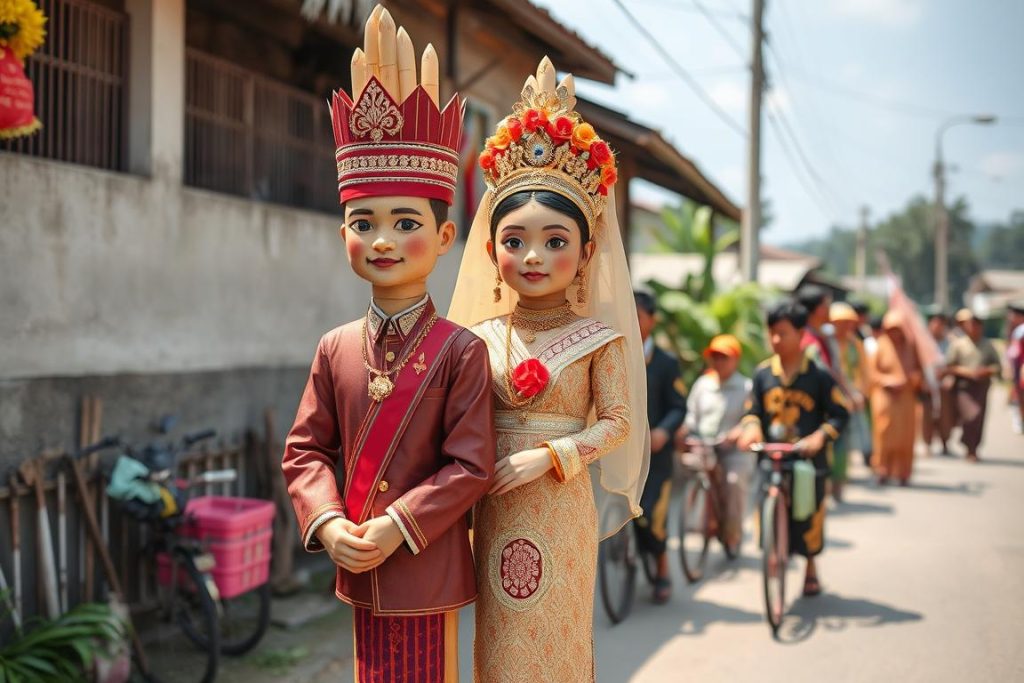 Dua batang tebu yang dihias seperti pengantin dalam tradisi di Kediri dengan warga mengiringi