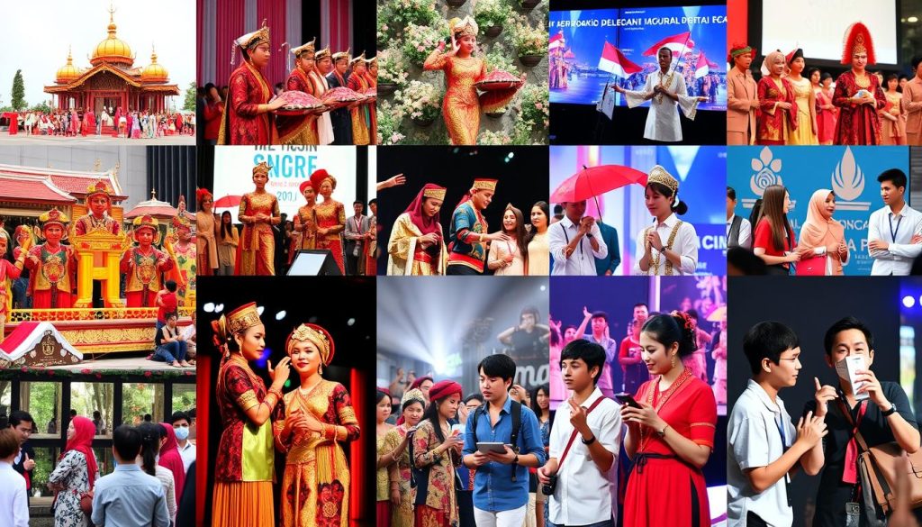 Kolase berbagai fenomena budaya Indonesia yang menunjukkan keberagaman ekspresi budaya dari tradisional hingga modern